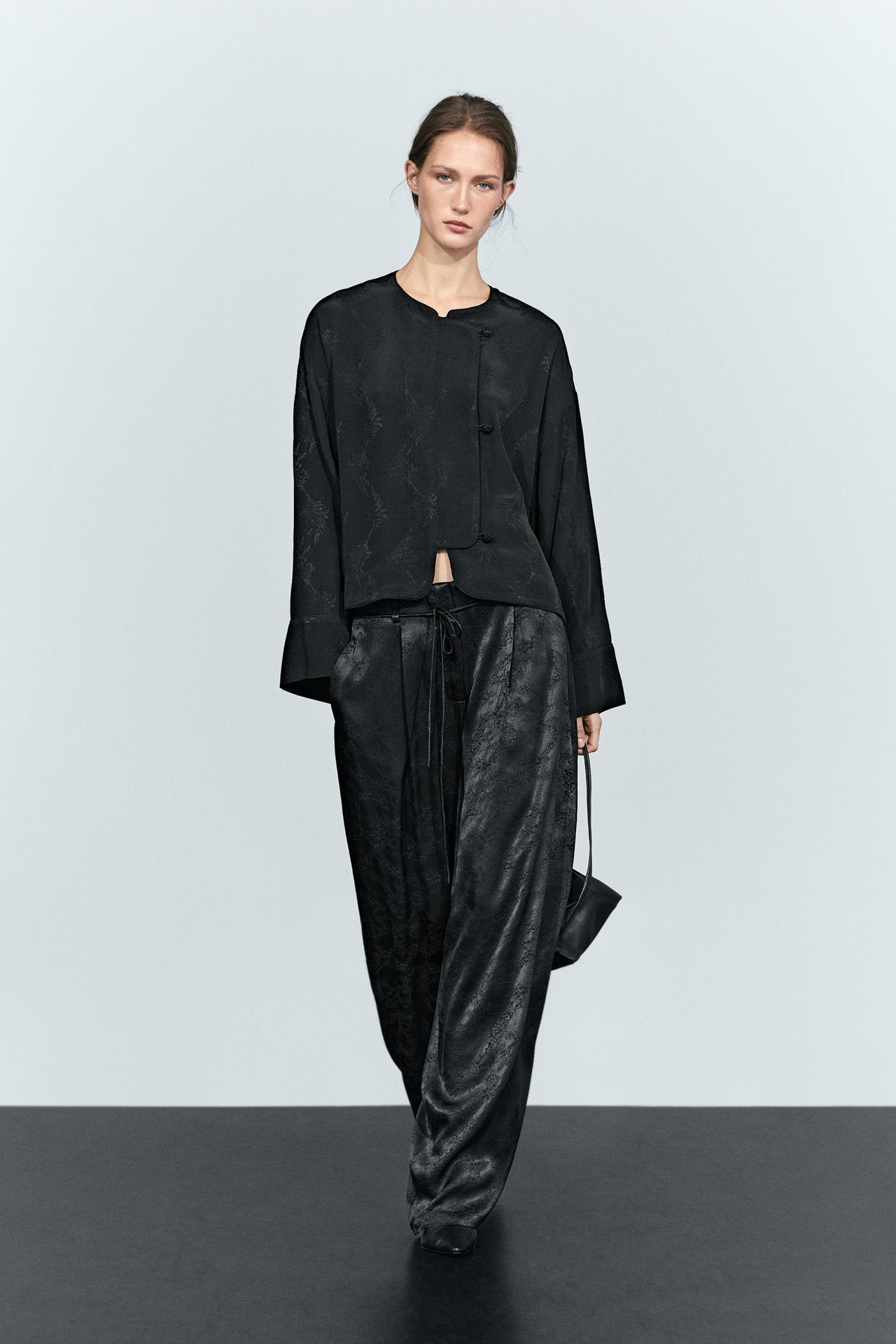 Wide-leg fluid pants with jacquard detail — Black