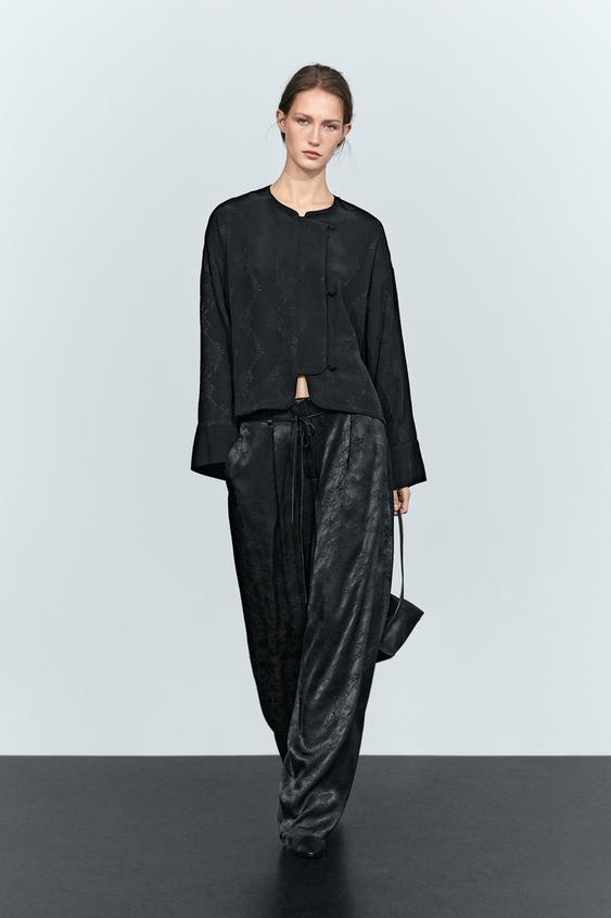 Zara Wide-leg fluid pants with jacquard detail - Black - Image 0