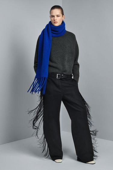 FRINGED KNIT WOOL SCARF - Bluish by Zara