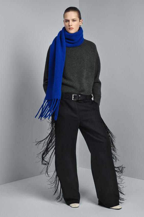 WOOL KNIT FRINGED SCARF