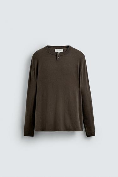 Zara COTTON-CASHMERE BUTTON NECK SWEATER - Chocolate