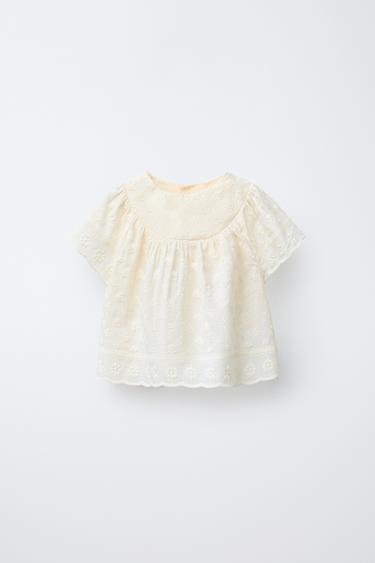 Zara FLORAL EMBROIDERED BLOUSE - Ecru