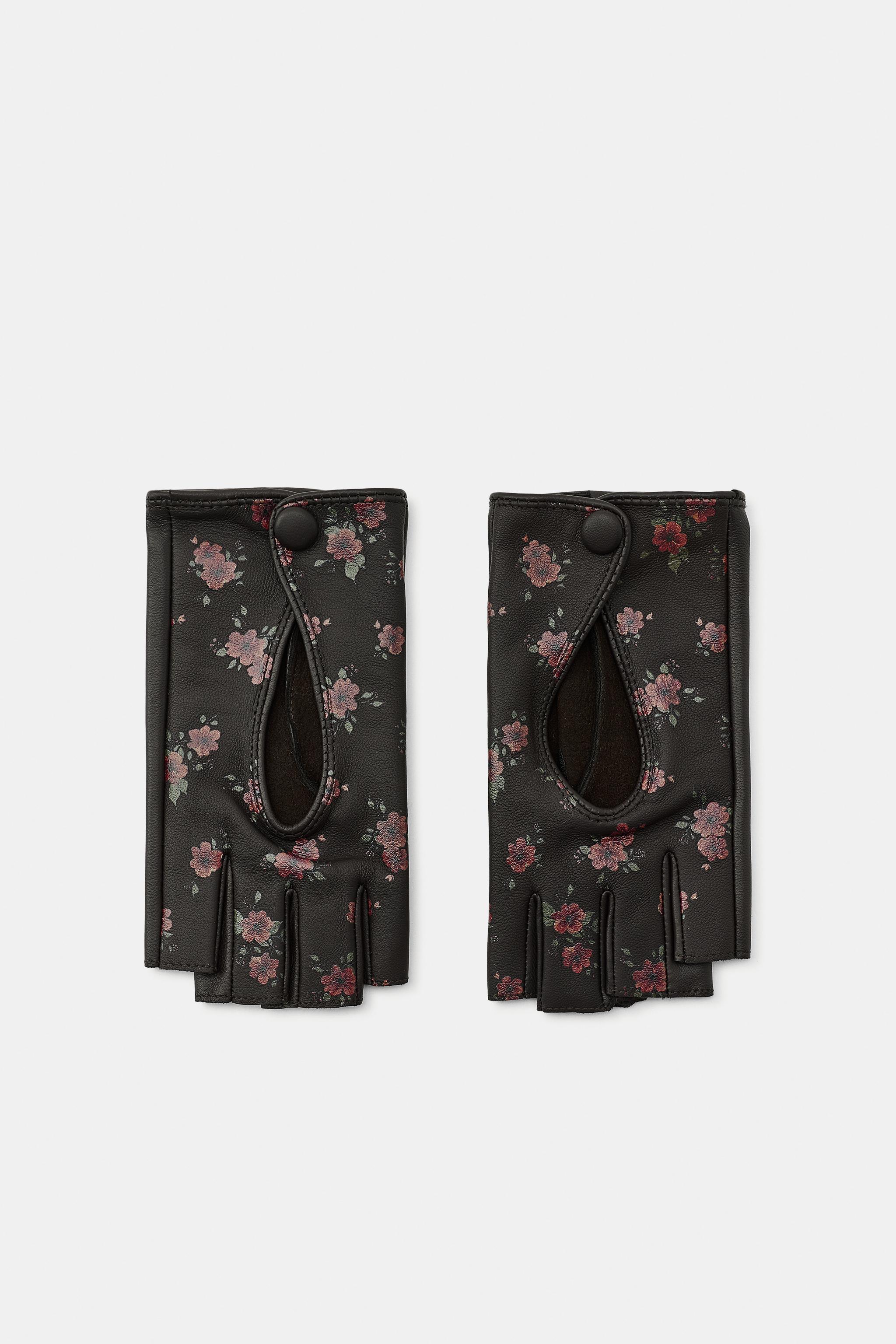 FLORAL PRINT 100% LEATHER MITTENS