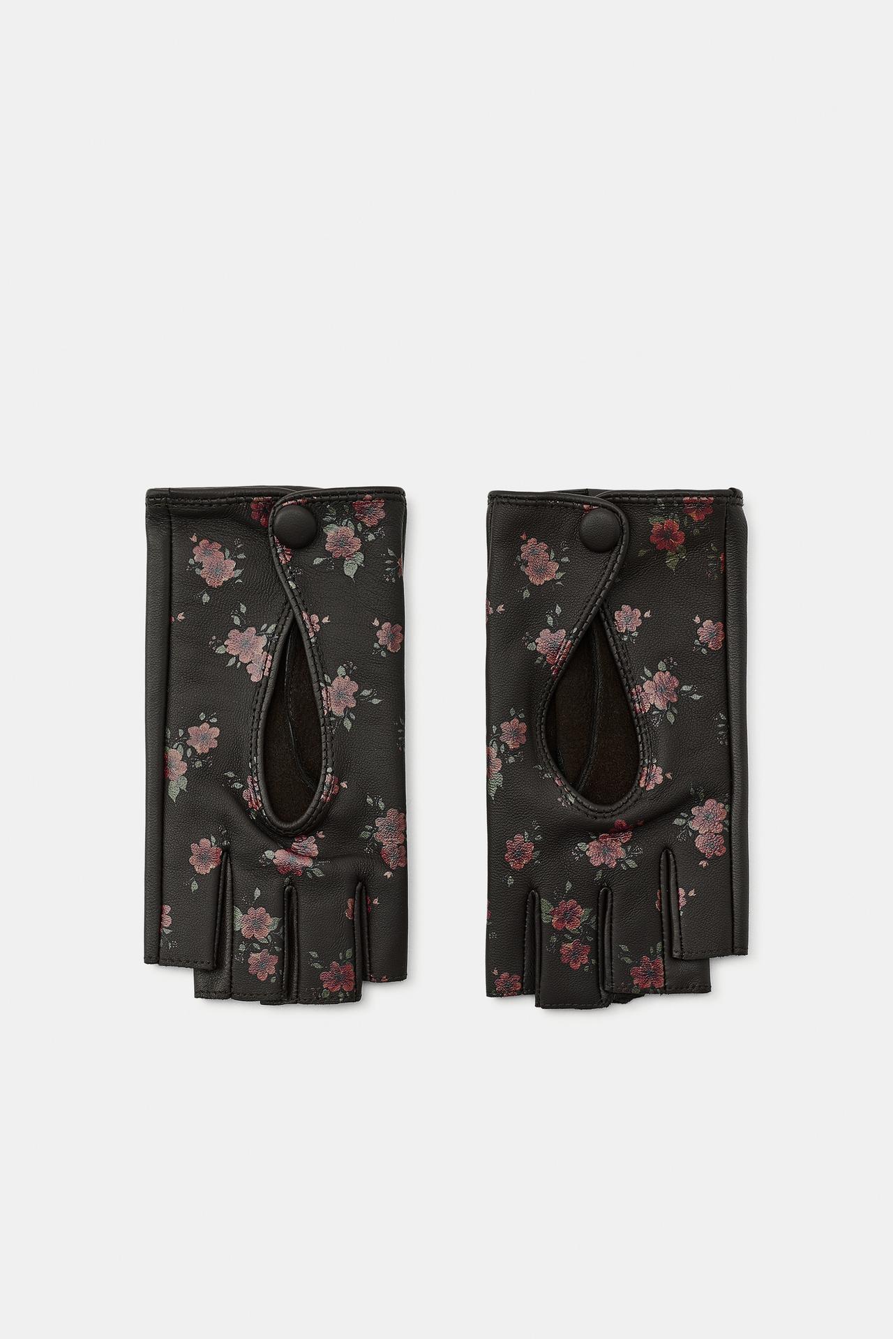 FLORAL PRINT 100% LEATHER MITTENS — Maroon