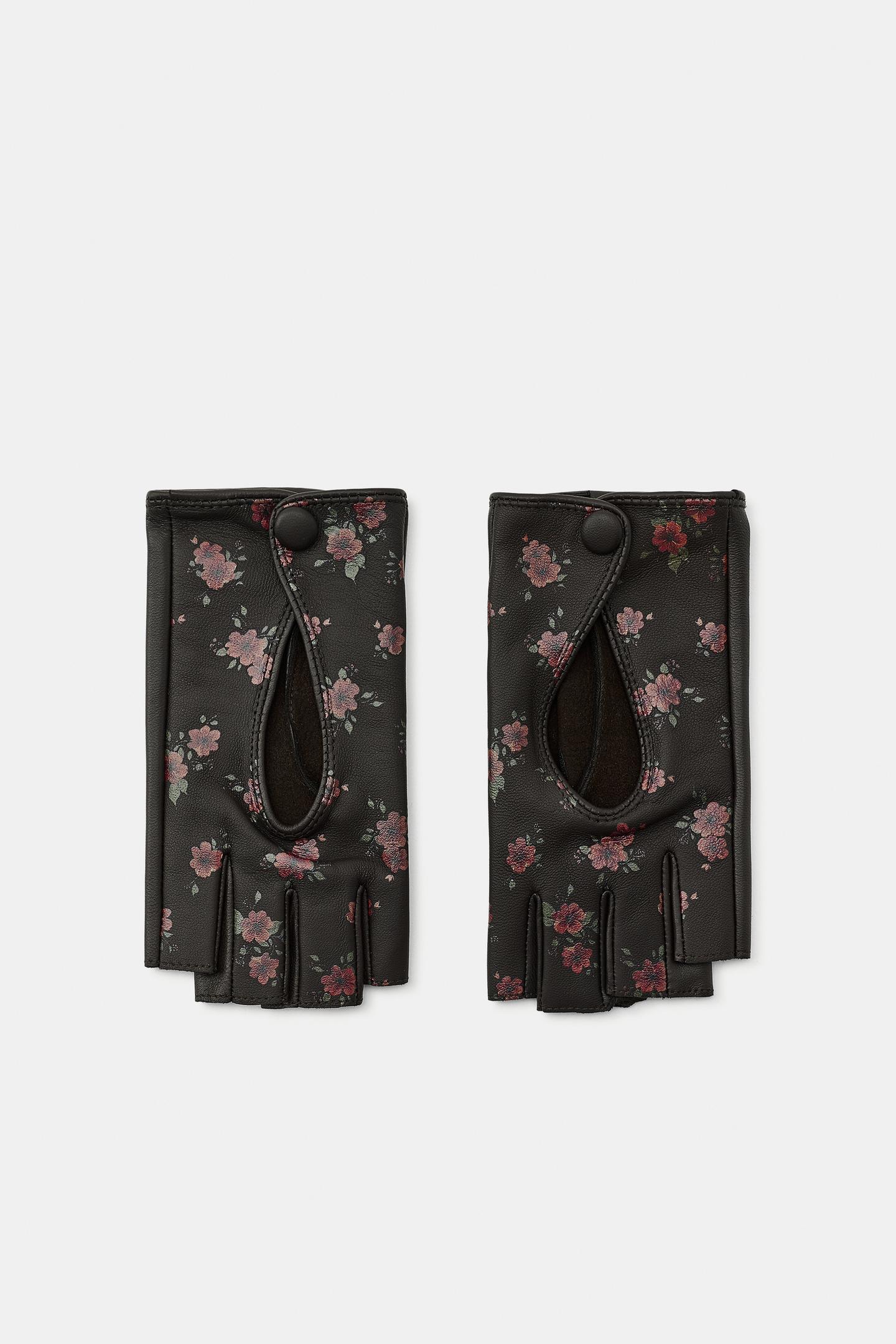 Женские перчатки Zara 100% Leather Floral Print Mittens, цвет: Тёмно-бордовый — фото 1