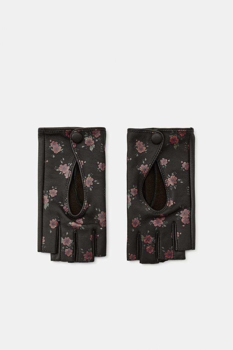 FLORAL PRINT 100% LEATHER MITTENS — Maroon