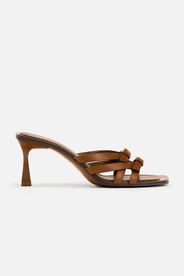 Zara HEELED LEATHER SANDALS - Brown