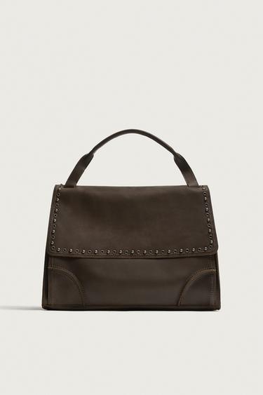 Zara STUDDED LEATHER CROSSBODY BAG - Brown