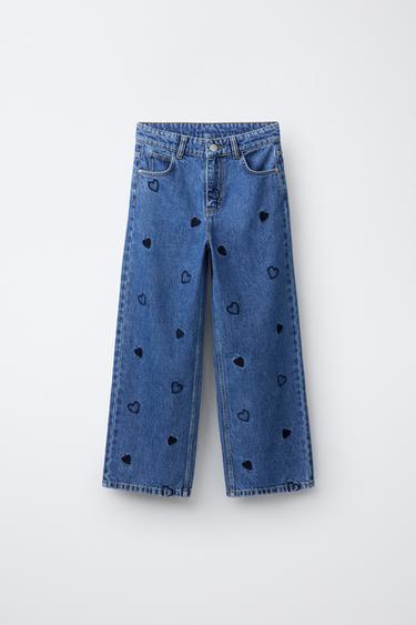 EMBROIDERED HEART WIDE-LEG JEANS - Blue by Zara