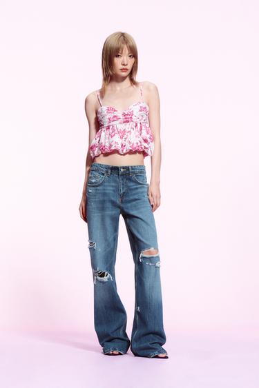 Zara TRF寬褲剪洞中腰牛仔褲 - 靛青色