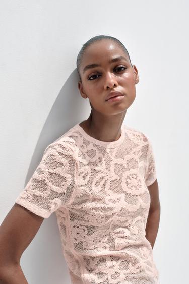 TOP IN MAGLIA CON TRAMA FLOREALE - Rosa chiaro di Zara