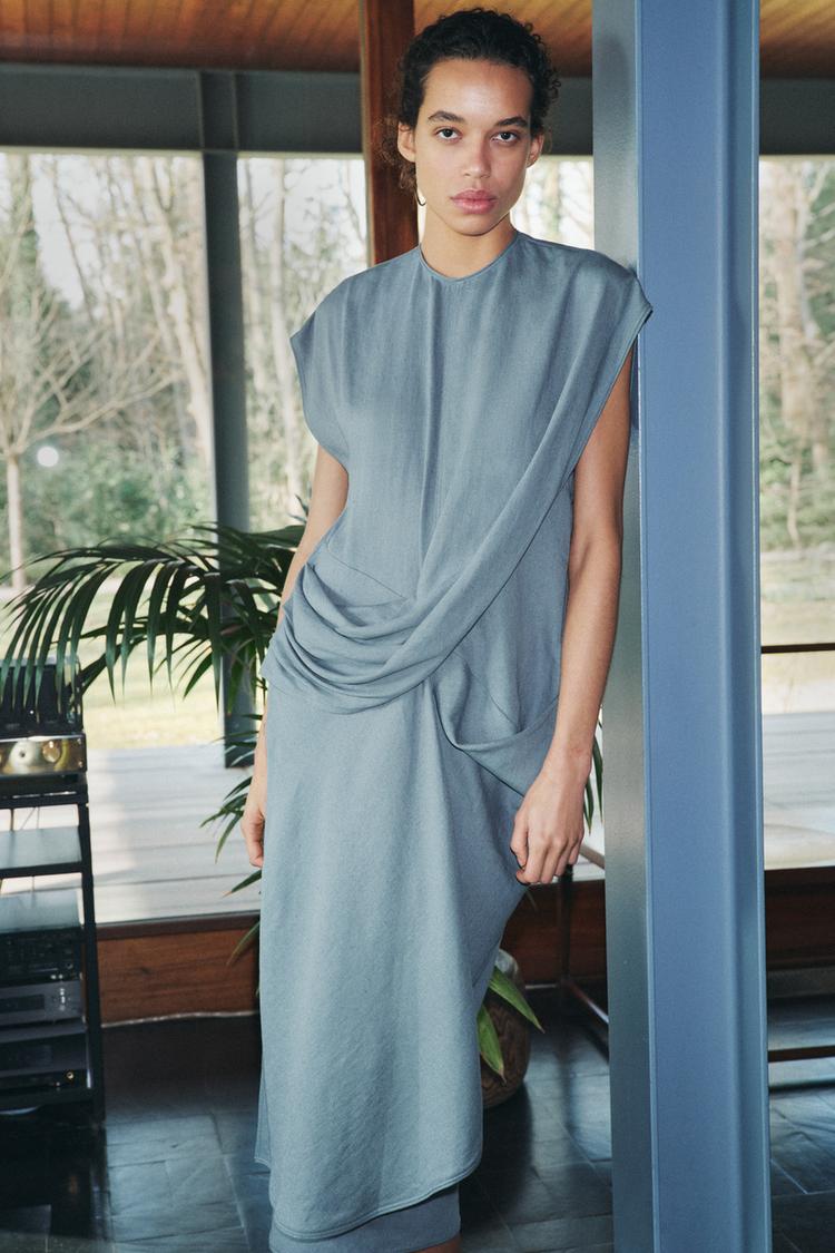 ZW COLLECTION リネン混紡ドレープワンピース - テールブルー | ZARA 