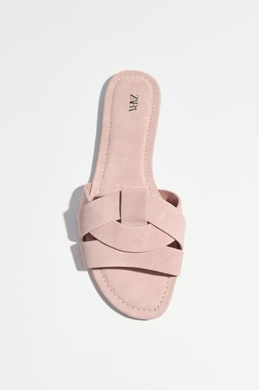 Zara CROSSOVER LEATHER FLAT SANDALS - Pink