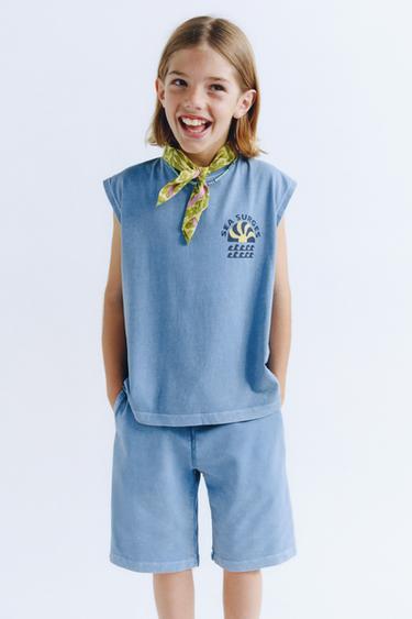 Zara GARMENT DYE SLEEVELESS T-SHIRT AND BERMUDA SET - Blue