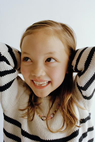 Zara STRIPED KNIT SWEATER - Ecru / Navy