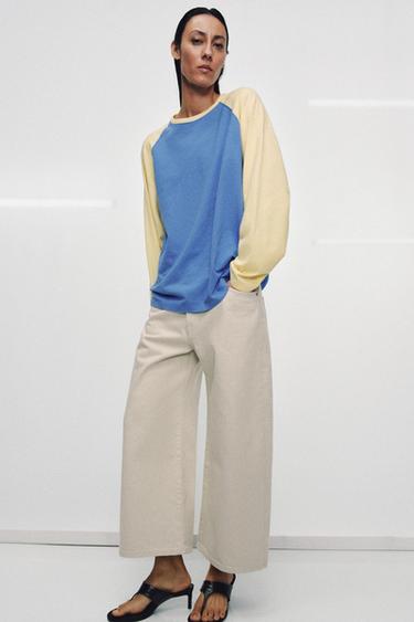 Zara LONG SLEEVE RAGLAN T-SHIRT - Ecru / Blue