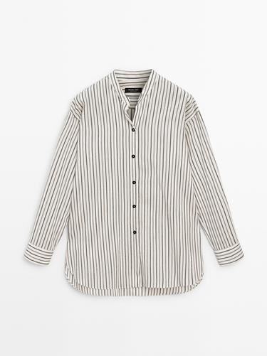 Zara Striped flowing shirt with stand collar - Oyster-white