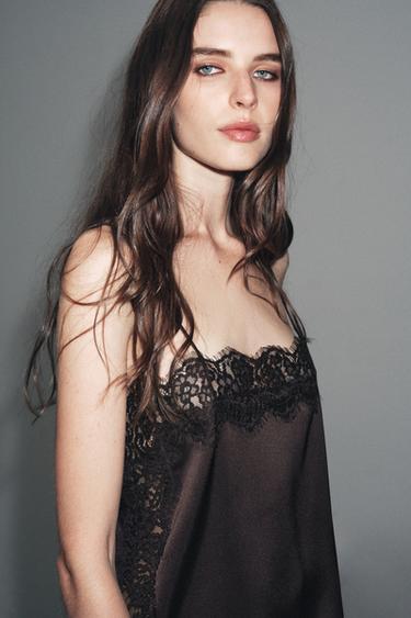 ZW COLLECTION SATIN LACE TOP - Dark brown by Zara