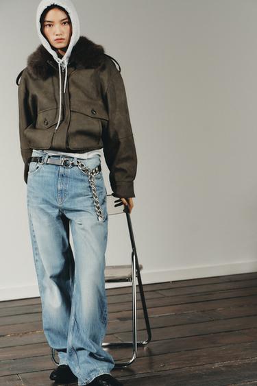 REMOVABLE COLLAR FAUX SUEDE JACKET - Khaki by Zara