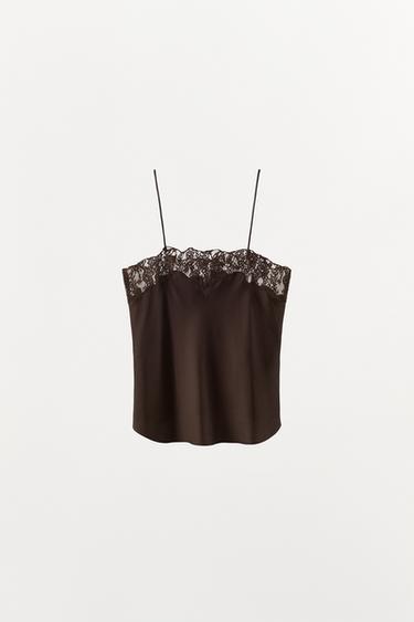 SATIN TOP WITH LACE - Brown by Zara