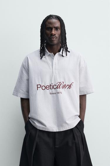 BOXY FIT POLO SHIRT WITH SLOGAN PRINT - striped by Zara
