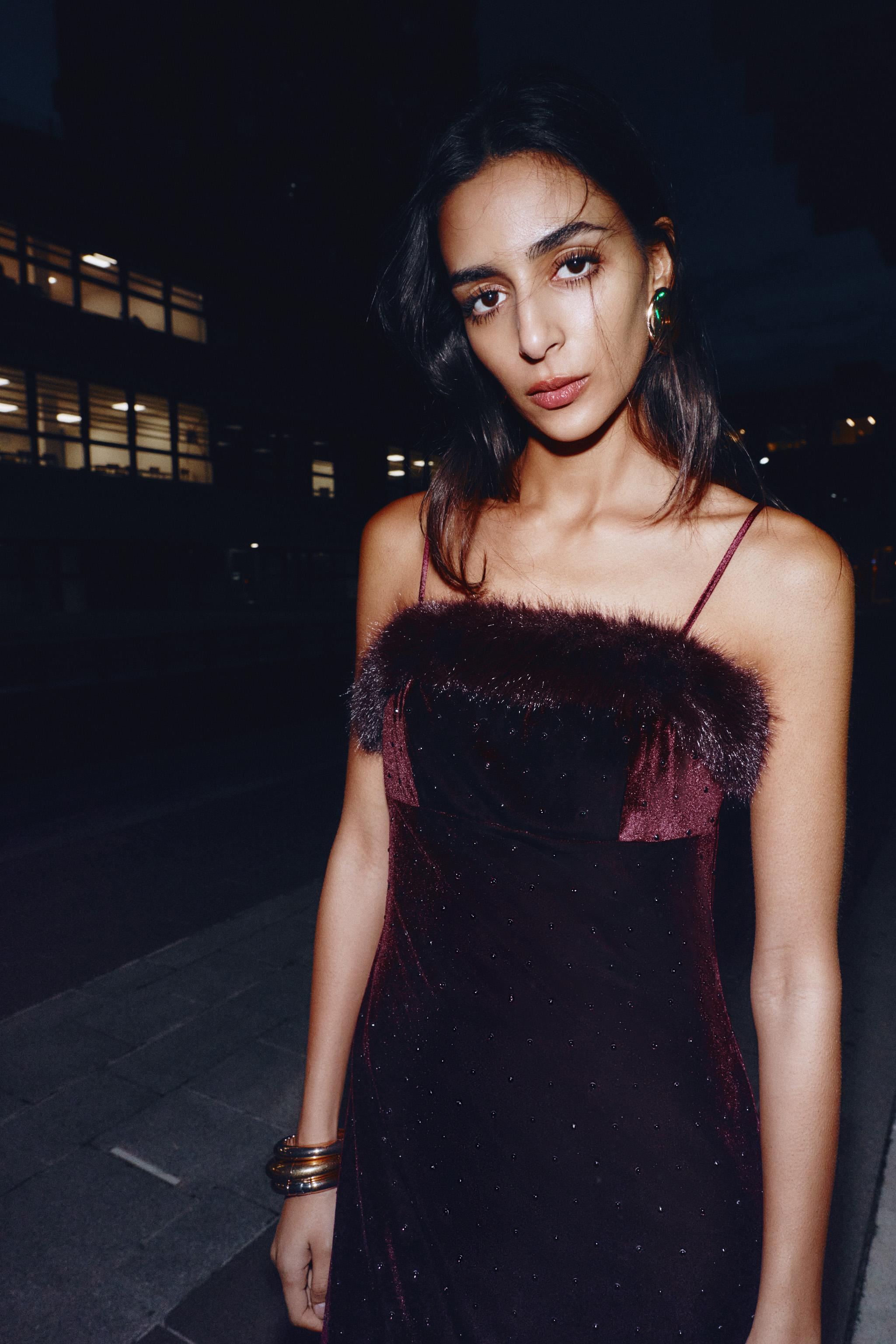 VELVET BEADED FAUX FUR MIDI DRESS