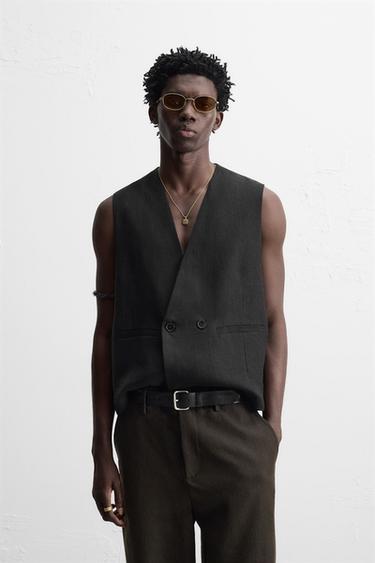 DOUBLE-BREASTED 100% LINEN WAISTCOAT - Black by Zara