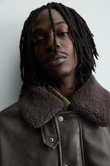 LEATHER EFFECT JACKET WITH DETACHABLE COLLAR - Brown by Zara - Image 4