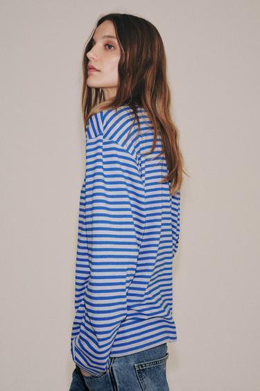 CAMISETA RAYAS ALGODÓN Y LINO - Gris / Azul de Zara