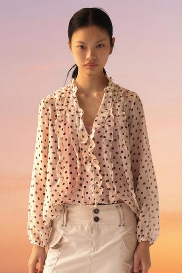 Zara 荷葉邊波點罩衫 - 裸色 / 棕色