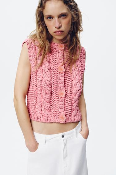 Zara FLORAL BUTTON KNIT VEST TOP - Pink