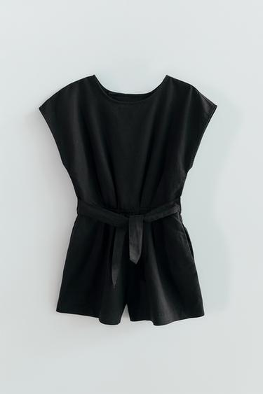 LINEN-BLEND PLAYSUIT WITH BOW - Black by Zara