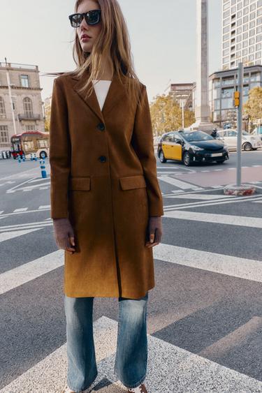 MANTEAU VESTE LONGUE EFFET DAIM - Marron tabac de Zara