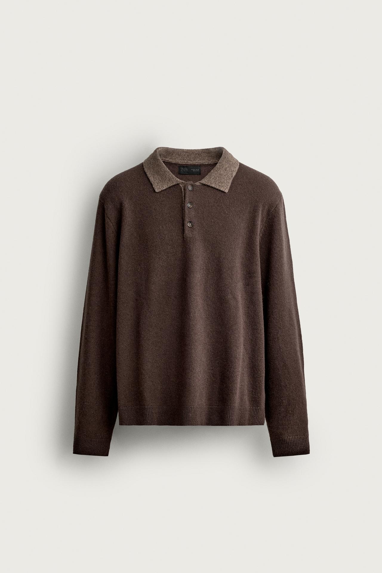 100% WOOL CONTRAST KNIT POLO — Brown