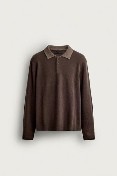 100% WOOL CONTRAST KNIT POLO — Brown 1