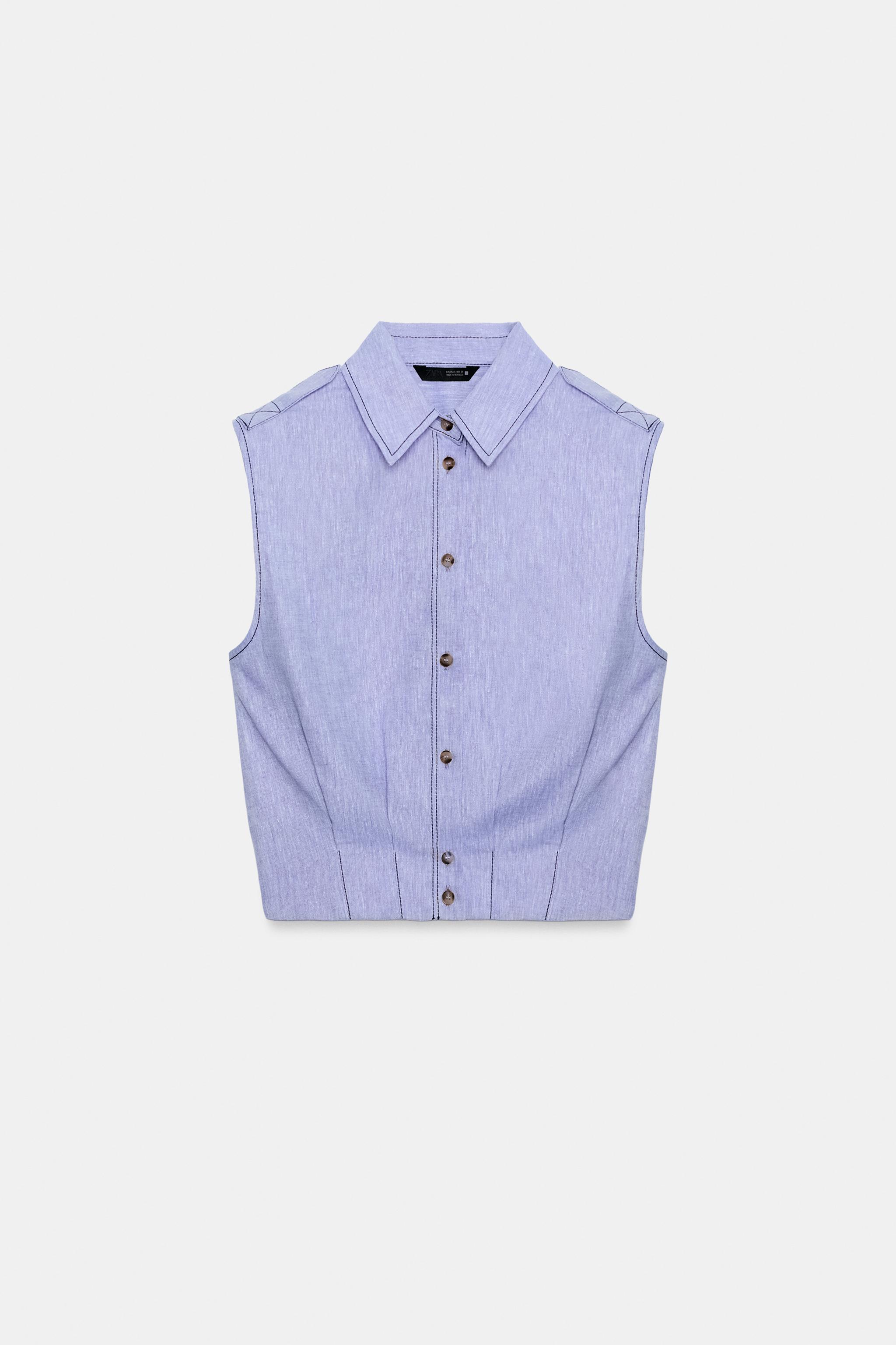 LINEN TOP WITH TOPSTITCHING — Light blue