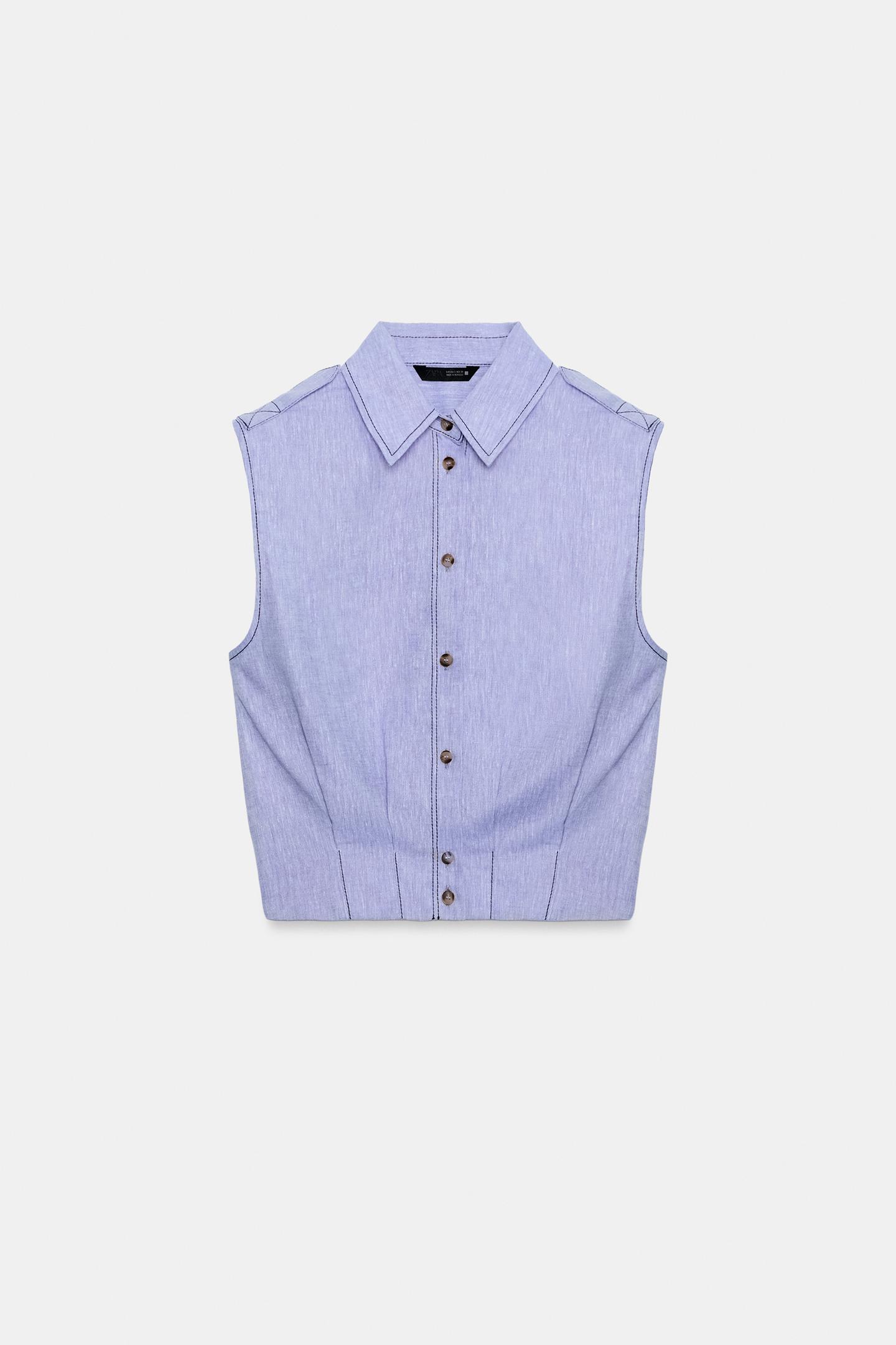 Женский топ Zara Linen Top with Topstitching, цвет: Светлый синий — фото 2