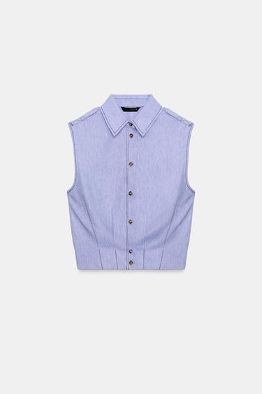 LINEN BLEND TOP WITH TOPSTITCHING - Light blue by Zara