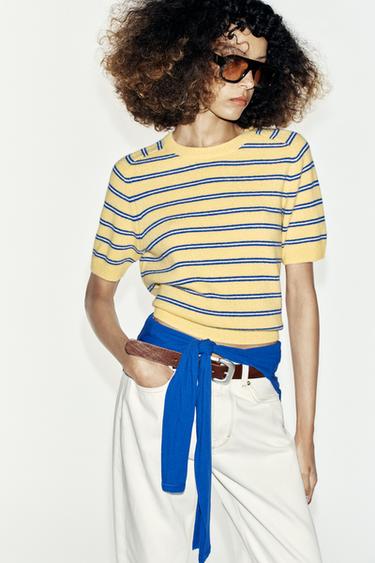 Zara 100% WOOL STRIPED SHORT SLEEVE JUMPER - Yellow