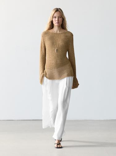 Pantalón fluido con lino - Blanco roto de Zara - Imagen 0