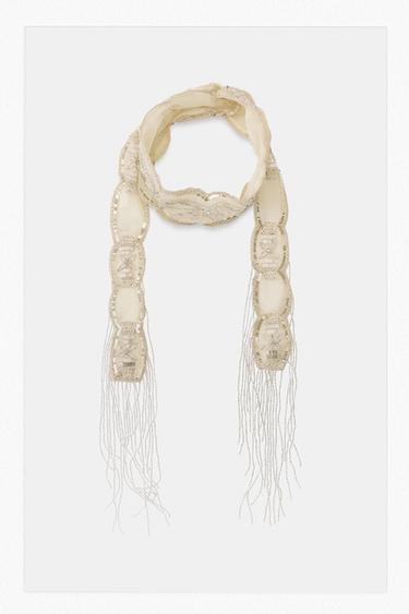 Zaras FOULARD-SJAL MED DEKORPÄRLOR OCH PALJETTER - Elfenben
