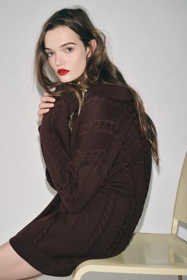 Zara CABLE KNIT POLO SWEATER - Brown - Image 0