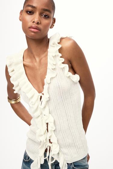 TOP PUNTO VOLANTES LAZOS - Blanco roto de Zara