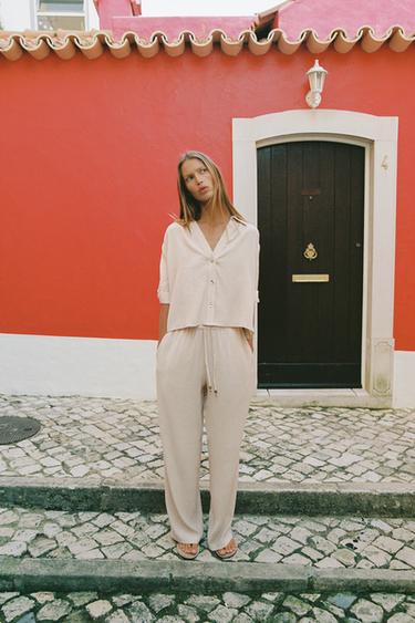 SHORT SLEEVE FLOWING SHIRT SET - Ecru by Zara