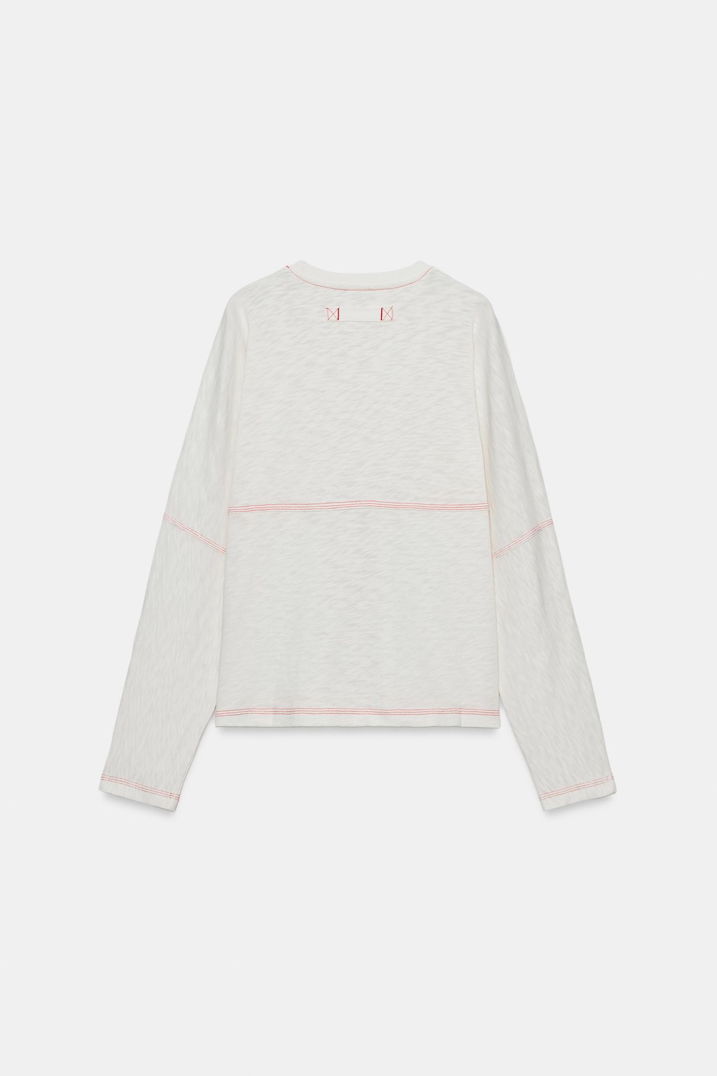 Женская футболка Zara Contrast-Stitch, цвет: Устричный белый — фото 6