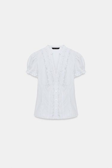 CHEMISE EN POPELINE À VOLANTS - Sable / Bleu de Zara - Image 3