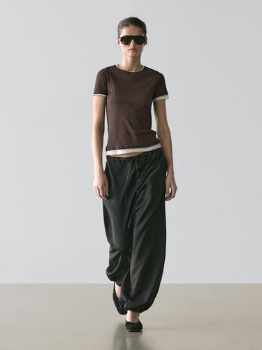 Zara Short sleeve T-shirt with double trim - Brown - Image 0