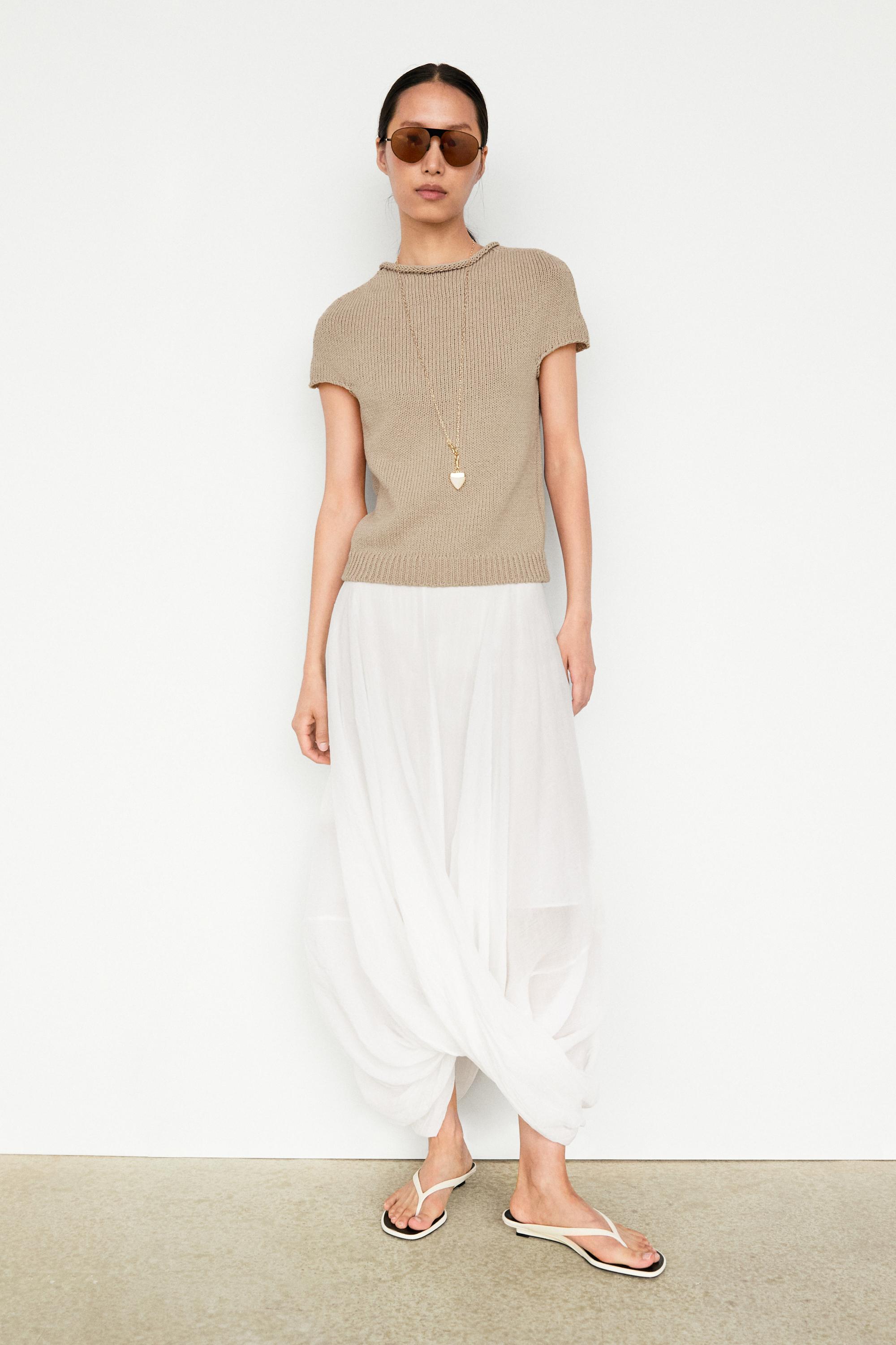 Cotton blend short sleeve roll neck sweater