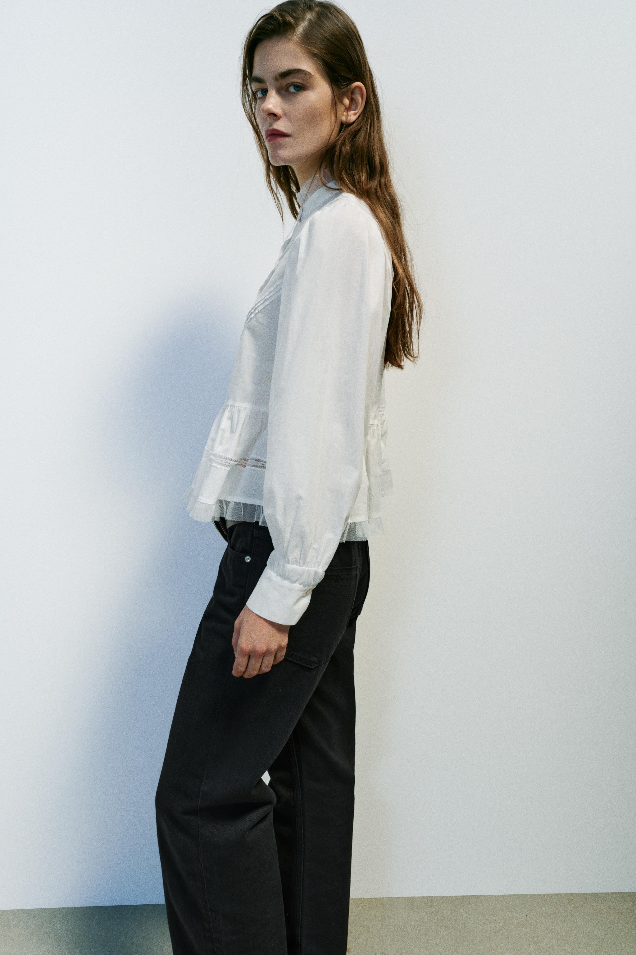 ROMANTIC TULLE COMBINED BLOUSE - Oyster-white | ZARA United States