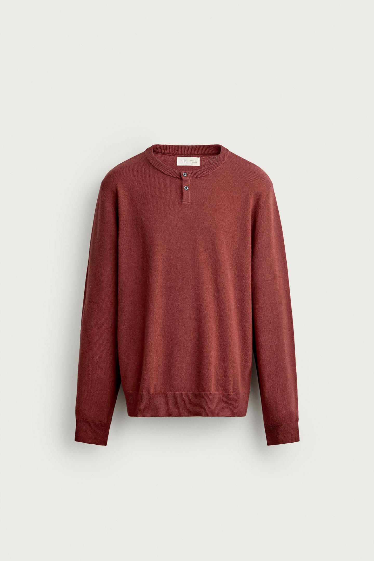 Мужской свитер Zara 100% Wool Henley Neck, цвет: Глиняный — фото 6